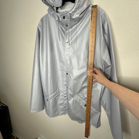 Rains Unisex Pale Blue Front Snap Midline Drawstring Hooded Rain Jacket S / M - Picture 15 of 16